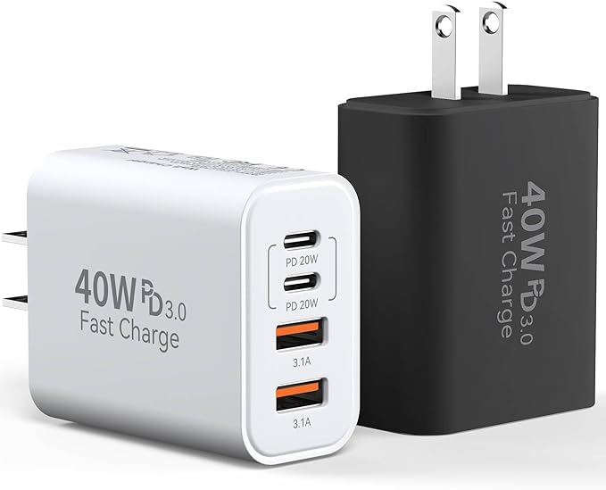 USB C Charger Block, 2-Pack 40W 4-Port Multiple Type C Fast Charging Phone Charger Brick +QC 3.0 USB A Wall Plug Out let Multiport Box Cube for Phone 15/14/13/12/11 Pro Max, Galaxy, Pixel, Black+White