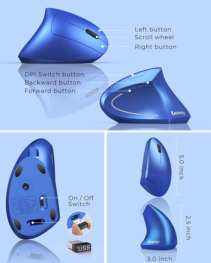 Lekvey Ergonomic Mouse, Vertical Wireless Mouse Rechargeable 2.4G USB Optical Carpal Tunnel Mice : 3 DPI 800/1200/1600 Levels 6 Buttons, for Laptop, PC, Mac, Computer, Desktop, Notebook etc, Blue