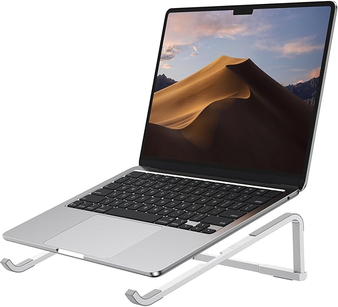 OMOTON Portable Laptop Stand for Desk, Foldable Aluminum Laptop Riser, Ergonomic Computer Stand Compatible with for MacBook Pro/Air, Dell, HP, Lenovo, 10-17.3'' (Silver)