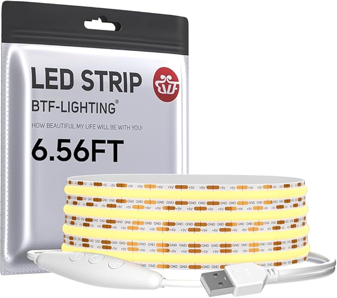BTF-LIGHTING FCOB COB FOB LED Strip Lights 5V USB Powered 6.56FT 640LEDs Warm White 3000K 8mm Width Dimmable CRI 90+ with 3M Tape Flexible High Density for 3D Printer TV Backlight PC DIY Decor