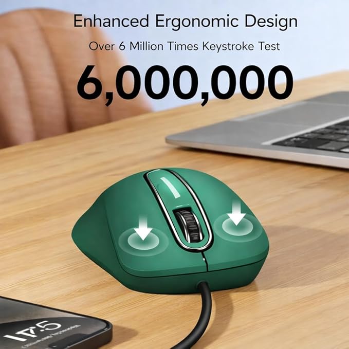 memzuoix Wired Mouse, USB Computer Mouse 1400 DPI Mobile Optical Mouse Ergonomic Design Computer Mice with 5FT Cord for Laptop, PC, Desktop, MacBook, 5 Buttons (Dark Green)