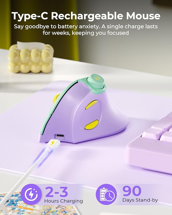 seenda Ergonomic Mouse Wireless, MOU-302 Bluetooth Vertical Mouse Rechargeable, Volume Knob, Silent Mice & 1000/1600/2400 DPI, 3 Multi-Device Connection for Windows/PC/Laptop/Mac/MacBook, Purple