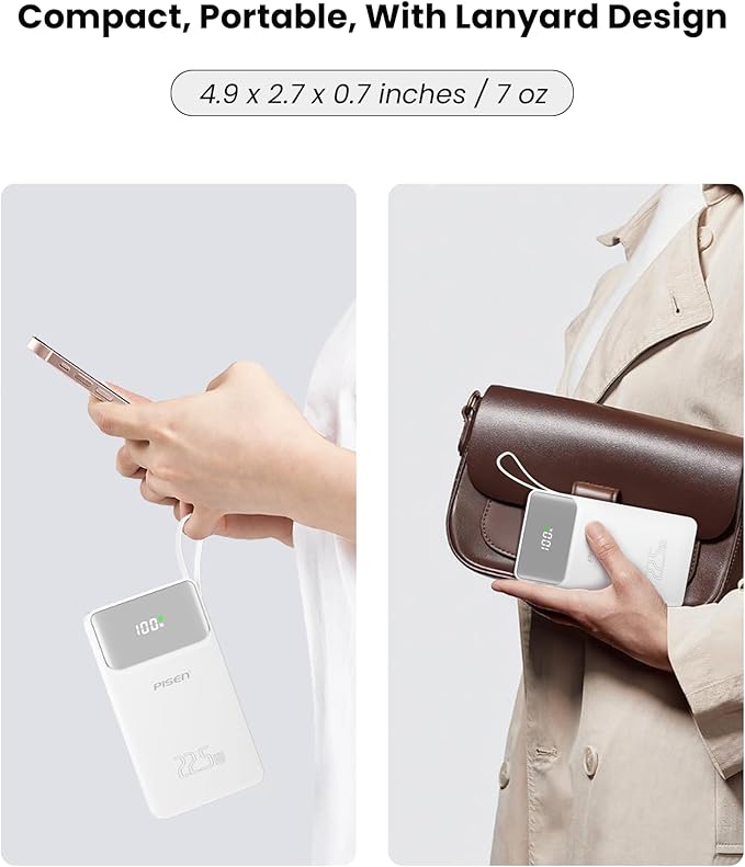 PISEN 3C Certified Power Bank - 10000mAh 22.5W CCC Power Bank with Built in Cable, Travel Battery Pack Portable 3C Charger with LED Display, Portable Charger with Built in Cable for iPhone, Samsung