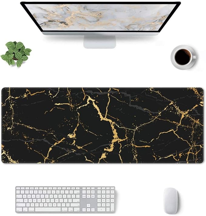 Black and Gold Marble XL Large Mouse Pad with Stitched Edges Long Non-Slip Rubber Base Mousepad Laptop Keyboard Mat Desk Pad for Office Home Desk Decor, 31.5" X 11.8"