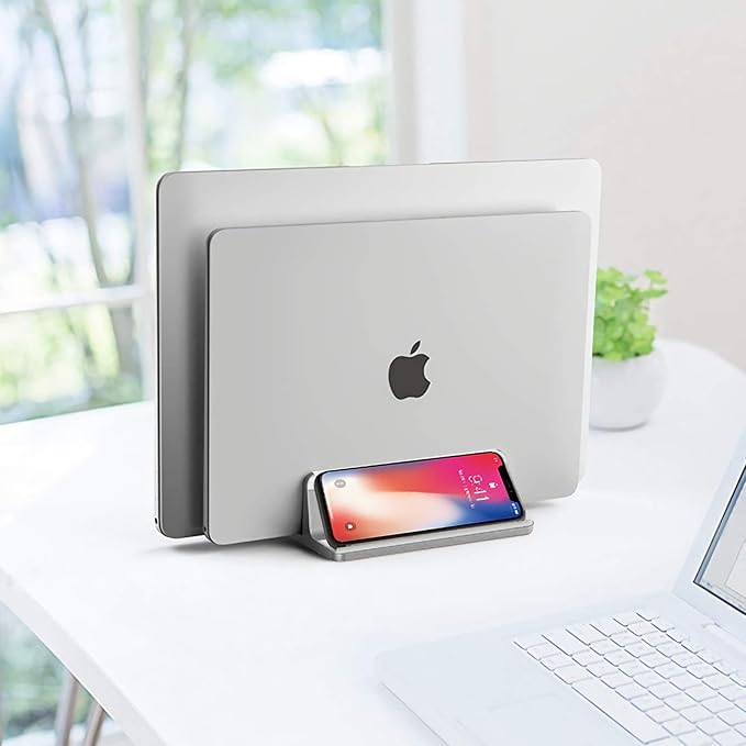 Vertical Laptop Stand Aluminum Heavy Duty, 4 Slots Double Adjustable MacBook Stands Laptop Holder Compatible w' All iPad Surface Dell Samsung HP Chromebook Upto 17.5' - Gray