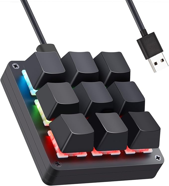 Koolertron One Handed Macro Mechanical Keyboard,Blue LED Backlit Portable Mini One-Handed Mechanical Gaming Keypad OSU! Keyboard 9 Fully Programmable Keys (9 Keys/Black/Pink LED)