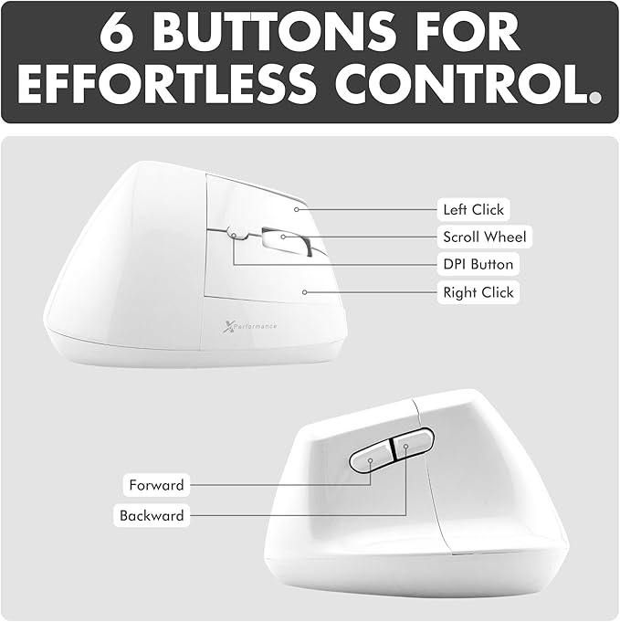X9 Performance Wireless Vertical Ergonomic Mouse - (BT + 2.4Ghz) - Click in Comfort - Up to 4000 DPI, 6 Button, Rechargeable - Bluetooth Ergonomic Vertical Mouse Wireless - for Mac and PC - White