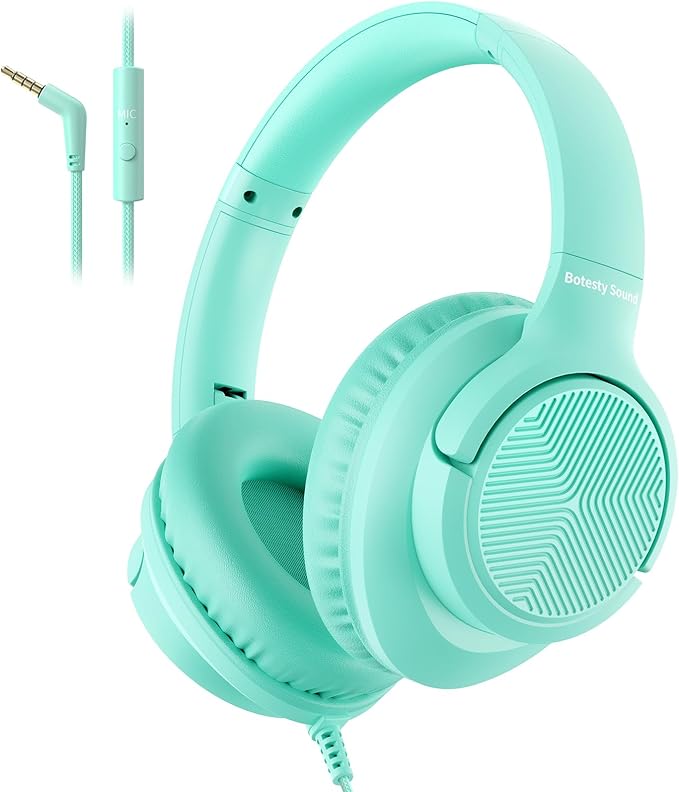 Botesty Sound Headphones Wired with Microphone, Over Ear Foldable 3.5mm Plug in Headphones Corded with 4.9ft Tangle-Free Nylon Cord for Tablet, Laptop, MP3/4, School, Airplane Travel (Green)