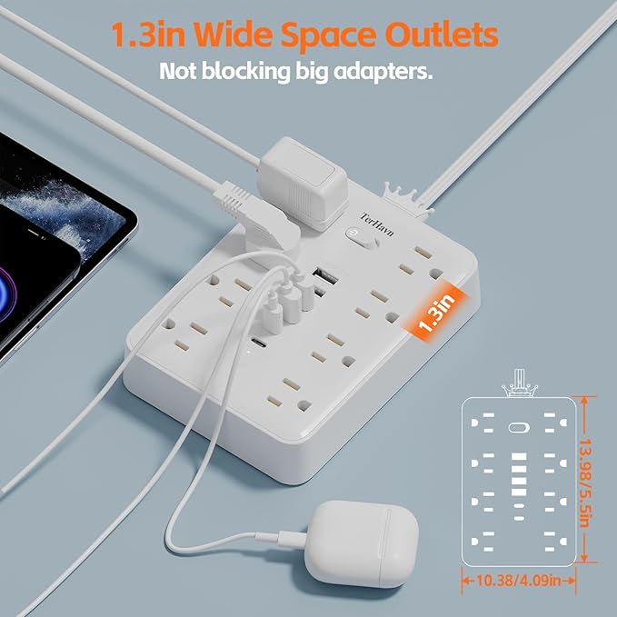 Extension Cord Flat Wall Plug with Surge Protector & 8 Outlets 6 USB Ports – 15A 1875W Power Strip for Home Office Dorm Room – 15ft Flat Cord in White – MCSCN