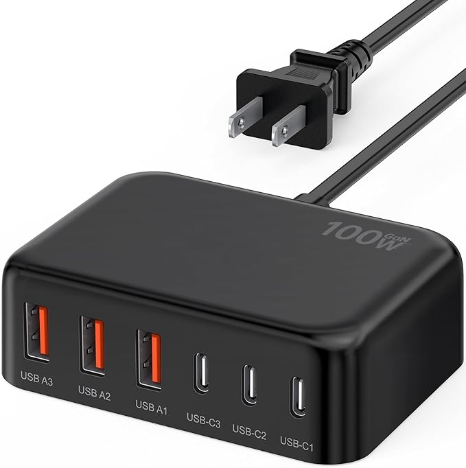 [2026 Updated] USB C Fast Charger, 100W GaN 6 Port Type C Charging Station Hub Block Cube, USB C Wall Charger Power Strip Adapter Plug for iPad iPhone 17 16 15 14 Pro Max Pixel Note Galaxy, 5ft Cord