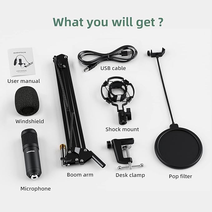 SUDOTACK USB Condenser Podcast Microphone for PC: Studio Microphone Kit with 192KHz/24bit Professional Sound Chipset Cardioid for Recording, Streaming, Gaming, Voice-Over, YouTube, Twitch (ST-800)