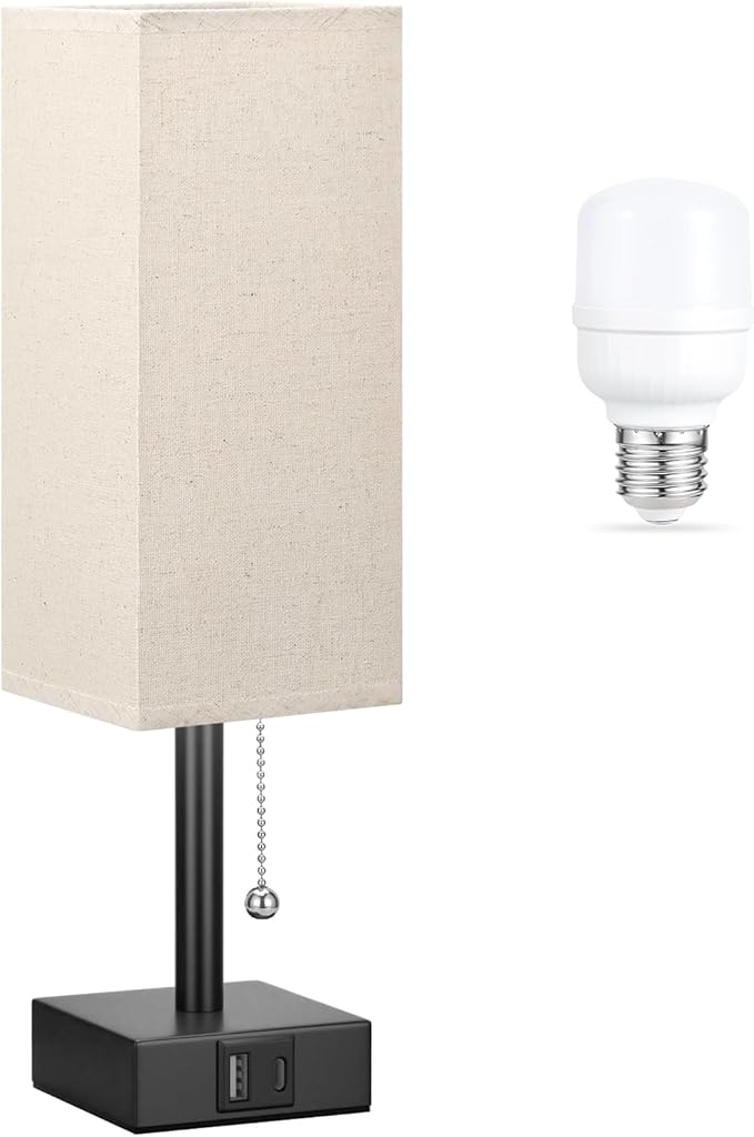 aooshine Small Linen Bedroom Lamp - 3 Color Temperature 3000K 5000K 4000K Bedside Lamp, Pull Chain Control, USB A and C Charging Ports, Black Base, for Kids Office Dorm, Bulb Included