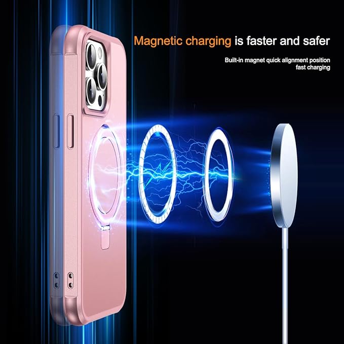 SKYLMW Compatible with iPhone 14 Pro Max Case with Invisible Magnetic O-Ring Stand Military-Grade Case for iPhone 14 ProMax 6.7" [Compatible with Mag-Safe][Great Grip Feeling], Rose Gold