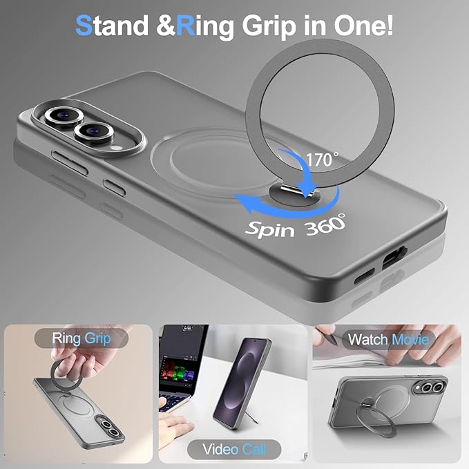 360° Rotatable Stand for Samsung Galaxy S25 Edge Case Magnetic with Screen Protector X1 & Camera Lens Protector*1, Compatible with MagSafe, 16FT Mil-Grade Shockproof for S25 Edge Case 6.2"，Gray