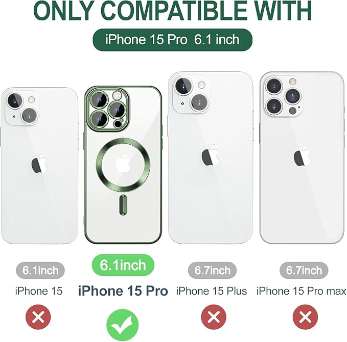 Hython Magnetic Clear for iPhone 15 Pro Case with Camera Lens Protector [Compatible with MagSafe] Luxury Plating Edge Slim Soft TPU Cover Protective Phone Case for iPhone 15 Pro 6.1", Deep Green