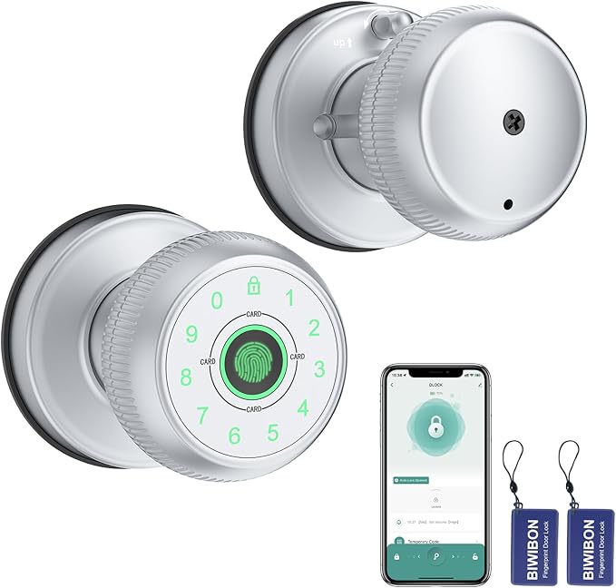 BIWIBON 5-in-1 Smart Door Knob, Fingerprint Door Knob with App Control, Smart Fingerprint Door Lock,Auto Lock, Ideal for Home, Bedroom, Office, Chrome