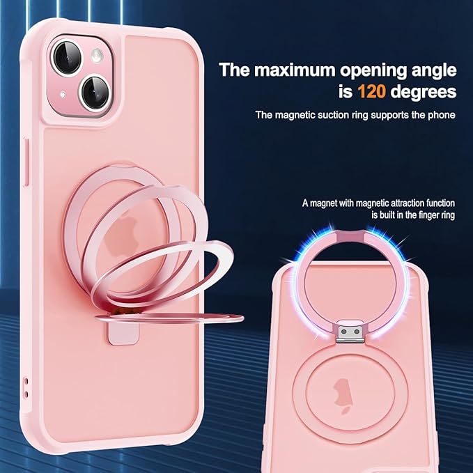 SKYLMW Compatible with iPhone 14 Plus Case with Invisible Magnetic O-Ring Stand Military-Grade Translucent Case for iPhone 14 Plus 6.7" [Compatible with Mag-Safe][Great Grip Feeling], Pink