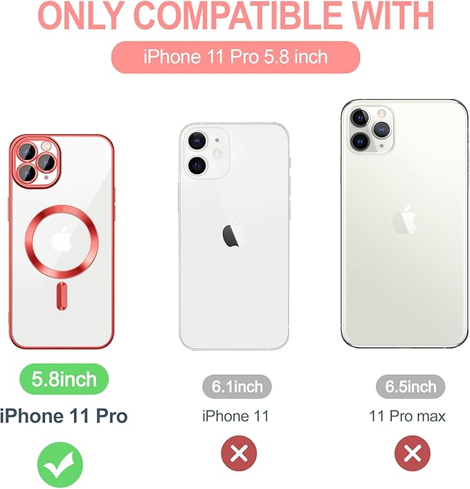 Hython Magnetic Clear for iPhone 11 Pro Case with Camera Lens Protector [Compatible with MagSafe] Luxury Plating Edge Slim Soft TPU Cover Protective Phone Case for iPhone 11 Pro 5.8", Red