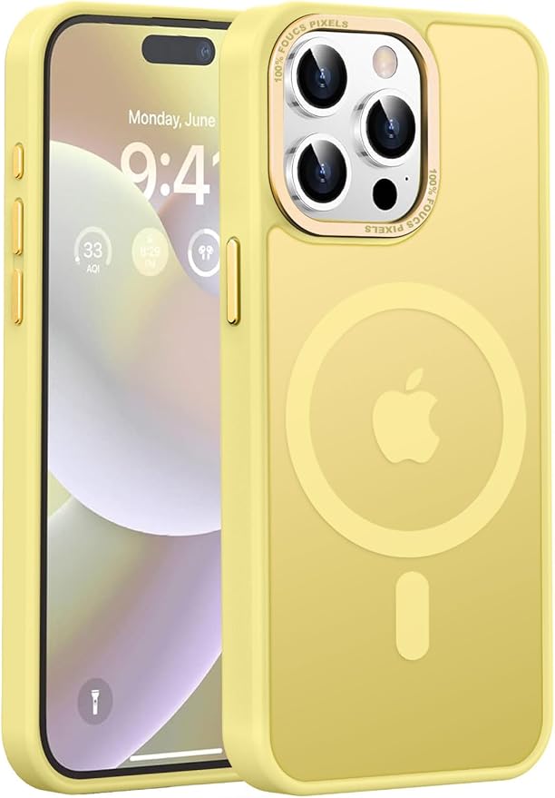 Newfuture Upgraded Magnetic for iPhone 15 Pro Max Case [Compatible with Magsafe] [Mil-Grade Protection], Pocket-Friendly, Slim Translucent Phone Case Cover for iPhone 15 Pro Max 6.7", Yellow