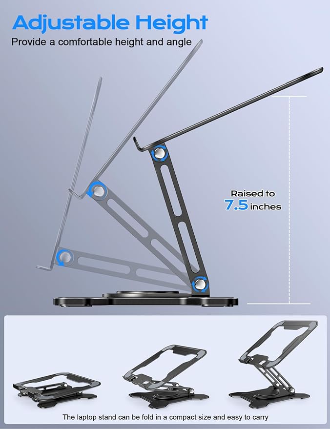 JCZT Adjustable Laptop Stand, 360° Rotating Base Ergonomic Computer Stand, Foldable Laptop Stand for Desk for Office Home Fits Compatible with MacBook Pro Air (10-16") - Black