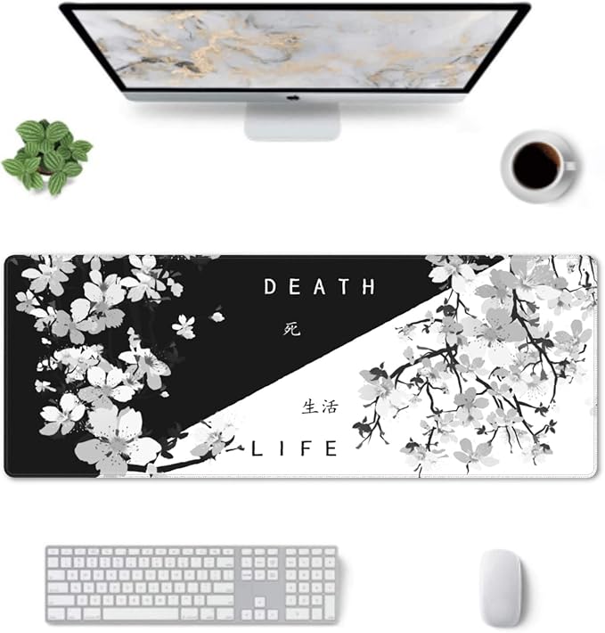 Black White Cherry Blossom Mouse Pad 31.5 X 11.8 Inch XL Japanese Art Style Design Extended Gaming Mousepad Large Non-Slip Rubber Base Keyboard Desk Mat with Stitched Edges for Gaming Office
