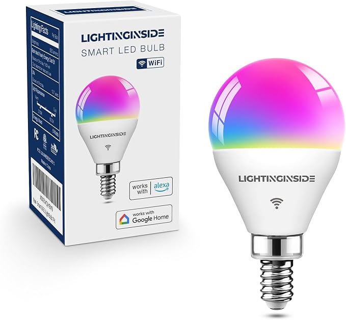 Lightinginside E12 Smart Light Bulbs 50W Equiv., G16.5 RGBCW Candelabra Chandelier Ceiling Fan Smart Bulb Works with Alexa/Google Home/SmartLife, 5W 550LM, 2.4G WiFi Bluetooth Bulb, ETL Listed, 1PC