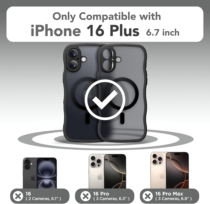 CAPRARO for iPhone 16 Plus Case for Women Girls, Upgraded [Full Camera Protection] [Compatible with MagSafe] Cute Wave Translucent Matte Phone Case for iPhone 16 Plus, Black