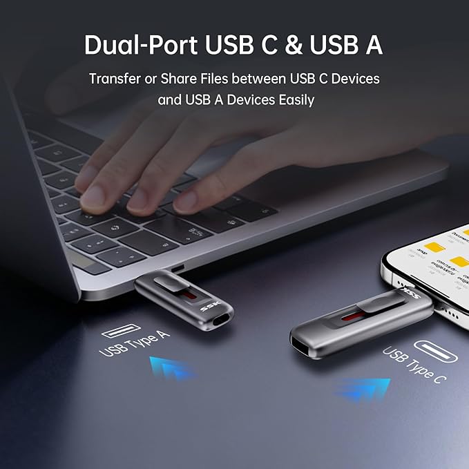 SSK USB Drive 128GB,up to 560 MB/s Read Speed Pendrive,Fast Memory Stick with Sliding Dual USB 3.2 Gen 2 FlashDrive Type-c +A?External SSD Thumb-Drive for iPhone 15/16/17/Android/Windows/Tablet/TV