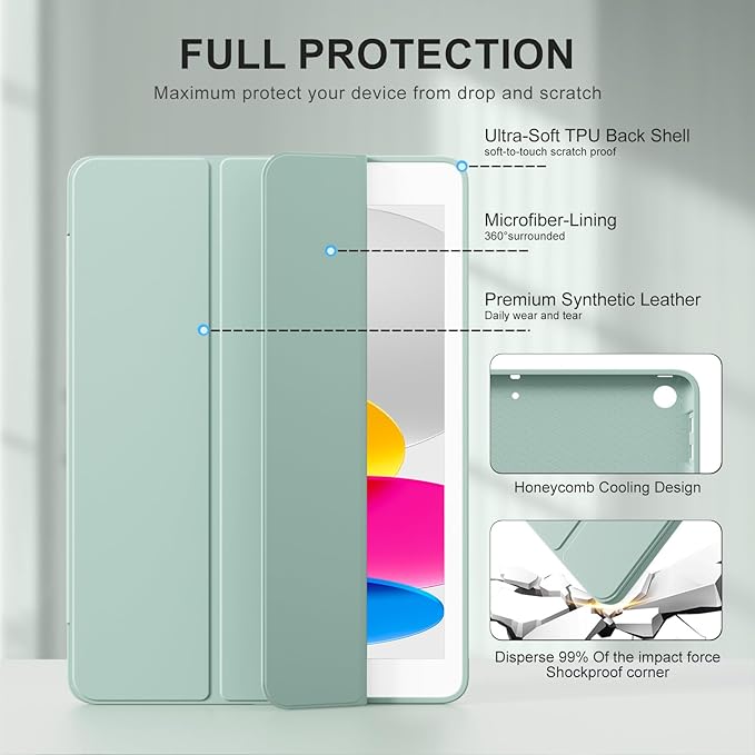 Smart Case for iPad 10.2 Inch 2021/2020/2019, for iPad 9th/8th/7th Generation Without Pencil Holder, Shockproof Cover with Soft TPU Back, Thin& Lightweight, Auto Sleep/Wake, Light Green