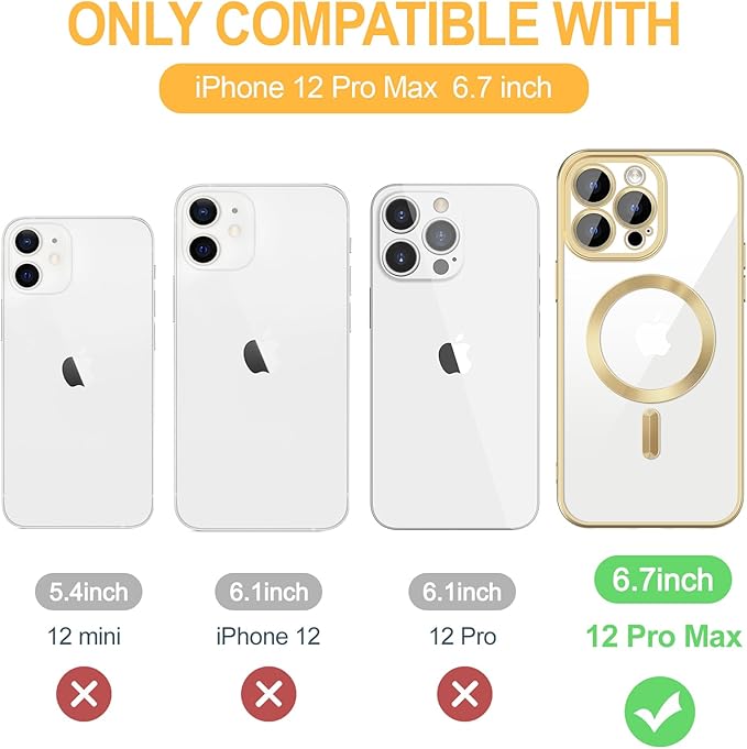 Hython Magnetic Clear for iPhone 12 Pro Max Case with Camera Lens Protector [Compatible with MagSafe] Plating Edge Slim Soft TPU Cover Protective Phone Case for iPhone 12 Pro Max 6.7", Matte Gold
