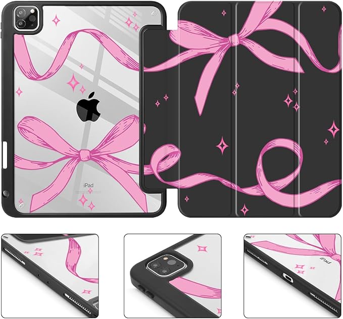 Tuiklol for iPad Pro 11 Inch 4th / 3rd / 2nd / 1st Gen (2022 2021 2020 2018) Case -Built-in Pencil Holder Shockproof Cover Clear Transparent Back Shell with Auto Wake/Sleep, Bow