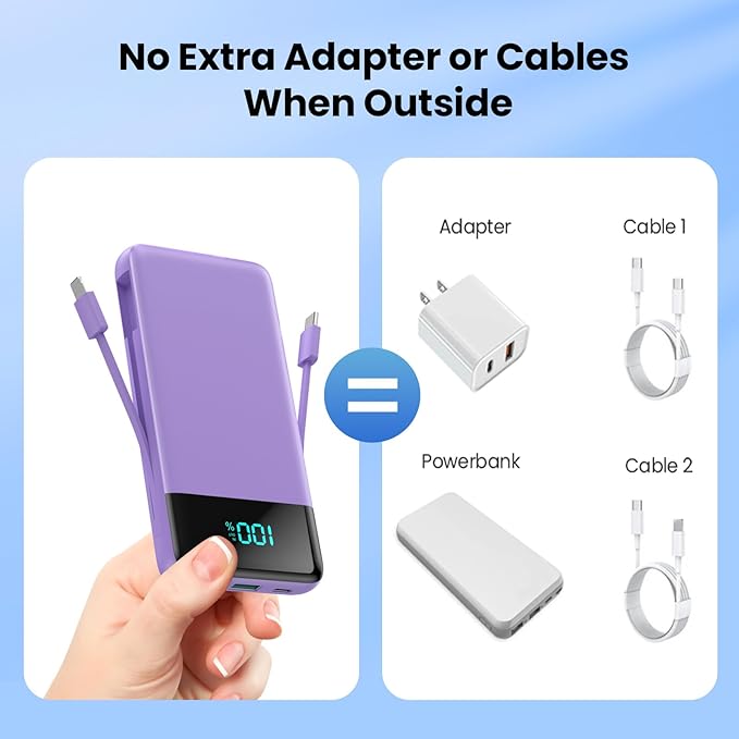 Portable Charger for iPhone,13800mAh Slim Power Bank with Built-in Cables & AC Wall Plug,All in One 4 Outputs USB C Fast Charging Battery Pack for iPhone 17/16/15/14,Android,Travel Essential (Purple)