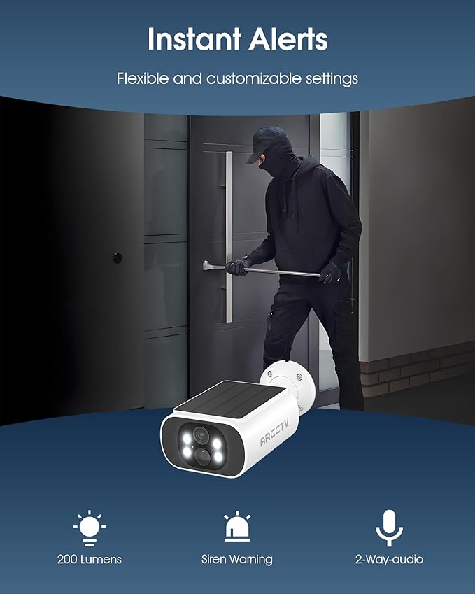 ARCCTV Solar Security Camera Outdoor Wireless, 4MP Battery Powered Home Surveillance Camera with Embedded Solar Panel, PIR Motion Sensor, 2.4G/5G Dual Band WiFi