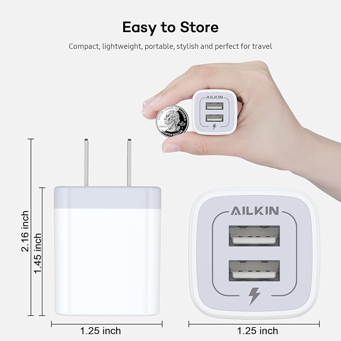 USB Wall Charger, Charger Adapter, AILKIN 2-Pack 2.1A Dual Port Quick Plug Cube for iPhone 15 14 13 12 11 Pro Max 10 SE X XS Plus Samsung Galaxy S23 S22 S21 Power Block Fast Charging Box Brick