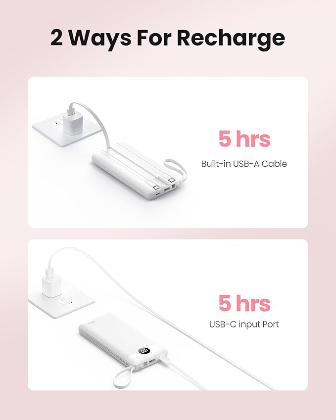 Portable Power Bank, 10000mAh Slim Portable Charger with Built-in Cables, External Battery Pack 5 Outputs 2 Inputs LED Display Compatible with iPhone/Android & More (White)
