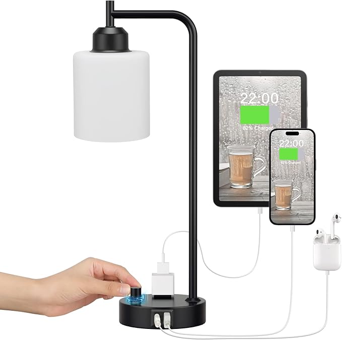 Industrial Bedroom Table Lamps for Bedside - White Opal Glass Shade Desk Lamps with USB C Port, Fully Dimmable Black Lamps with USB Port and Outlet, Reading Nightstand Lamp for Office Living Room