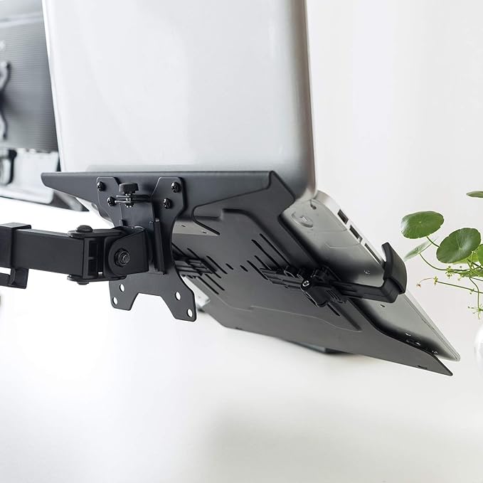 HumanCentric Laptop VESA Mount Tray for Monitor Arms and Stands, Fits 75x75 and 100x100 mm VESA Mount Holes, Fully Secures Laptop with Adjustable Clamps 9.5" to 16.5” Width, Rubber Pads