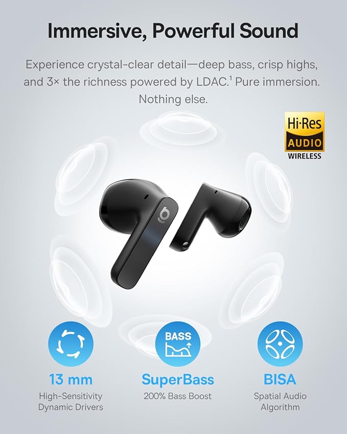 Baseus BS1 NC Semi-in-Ear Noise Cancelling Earbuds with Adaptive Hybrid ANC, No Ear Pressure, Hi-Res Audio (LDAC), 40H Playtime, 4g Ultra-Lightweight Fit, 6-Mic AI Clear Call