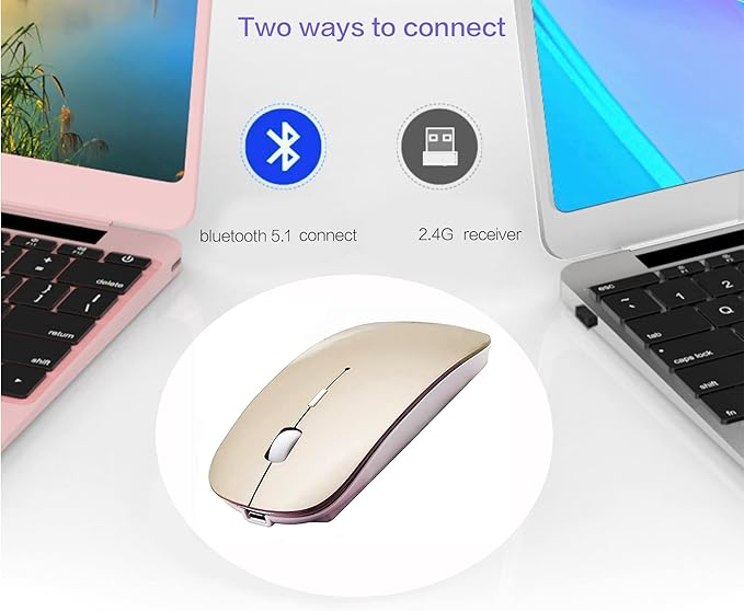 PeiBO Bluetooth 5.2 Wireless Mouse, Gold, Rechargeable, Ergonomic Design, Compatible with Laptops and Tablets