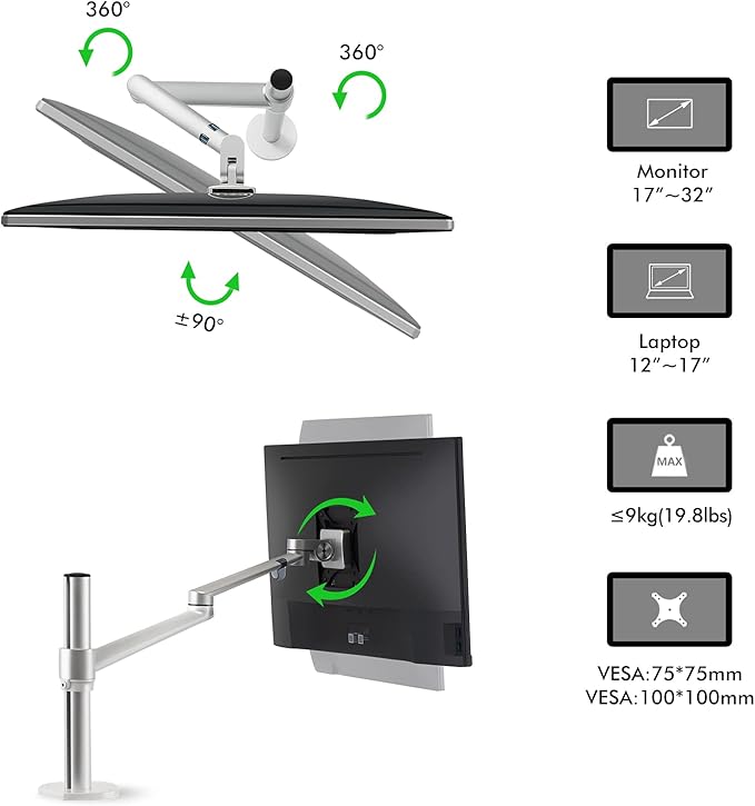 Viozon Laptop/Notebook/Projector Mount Stand,Height Adjustable Single Arm Mount Support 12-17 inch Laptop/Notebook/Tablet, Free Removable VESA 75X75 and 100X100 for Monitor 17-32 inch (Silver)