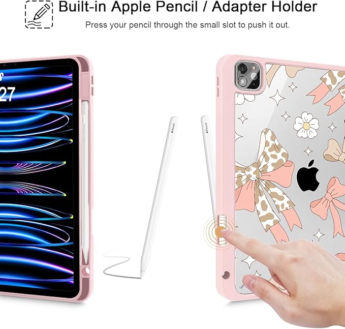 Tuiklol for iPad Pro 11 Inch 4th / 3rd / 2nd / 1st Gen (2022 2021 2020 2018) Case -Built-in Pencil Holder Shockproof Cover Clear Transparent Back Shell with Auto Wake/Sleep, Leopard Bow Gary