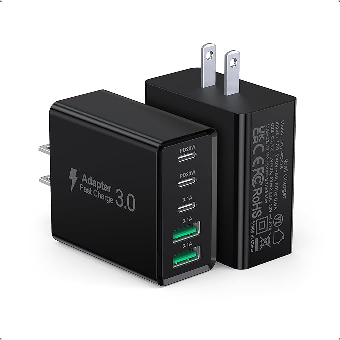 [2-Pack] USB C Wall Charger, 50W Type C Charger Block 5-Port Fast Charging Blocks,3USB C+2USB A Multiport Plug,PD Power Adapter Brick Cube for iPhone 17/16/15/14/13/Pro,iPad,Samsung,for Switch（Black）