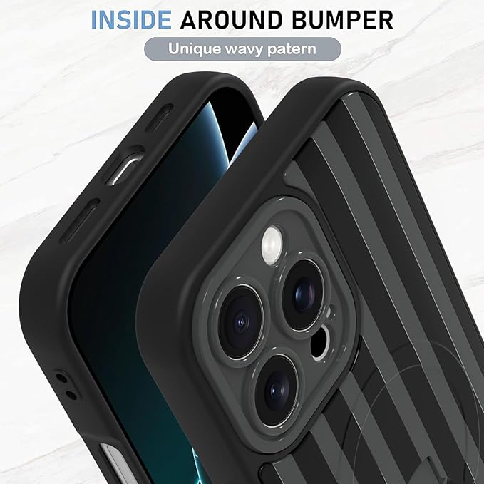 KANGHAR Compatible with iPhone 16 Pro Case, Support for MagSafe, Silicone Stripes Cute Pattern, Wristband Kickstand Camera Protection Soft Slim Cover for Girls Women -Black