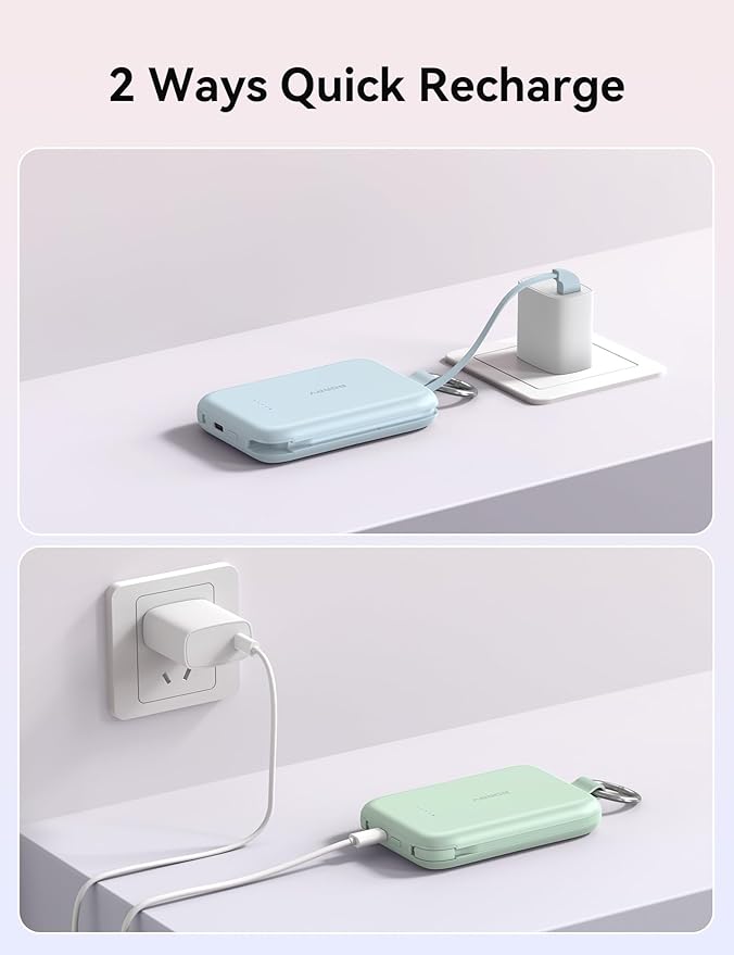 RORRY CharmGo Portable Charger, 10000mAh PD 30W Fast Charging Portable Charger Power Bank with Built-in Cables, Travel Keychain Charger Battery Pack for iPhone 17/16/15, for AirPods 2/3/4/Pro, Green
