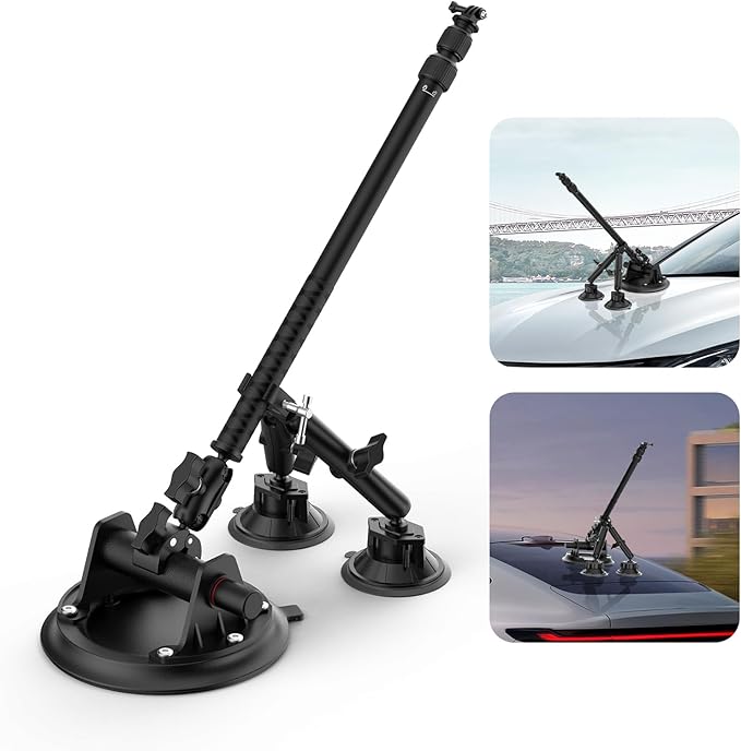 Triple Suction Cup Car Mount Kit for Insta360 with Extension Pole/Selfie Stick, Strong Vacuum Suction Cup Windshield Dashboard Camera Mount for Insta360 x5, GoPro, DJI OSMO with Action Camera Adapter