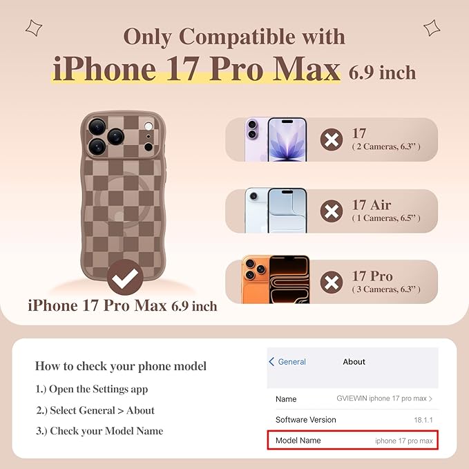 GVIEWIN for iPhone 17 Pro Max Case Compatible with MagSafe [Curly Wave Edge][Full Camera Protection] Floral Translucent Shockproof Magnetic Women Phone Case for 17 Pro Max, Grids/Brown