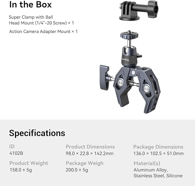 SMALLRIG Camera Mount Clamp, Gopro Motorcycle and Bike Handlebar Mount Kit, Super Clamp for DSLR, Action Camera, Gopro, Insta360, LED Light, Monitor, Max Load 3.5KG