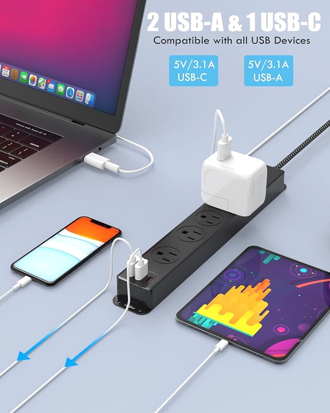 Surge Protector Power Strip with USB C Ports, 10FT Braided Extension Cord, 5 Outlets and 3 USB Ports(1 USB C), AUOPLUS Mountable Power Strips Flat Plug with Overload Protection
