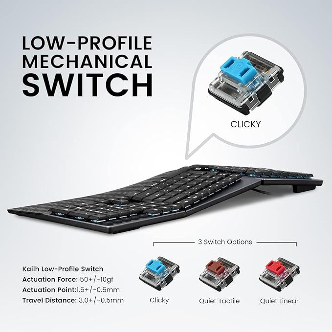 Perixx PERIBOARD-535BL Wired Ergonomic Mechanical Full-Size Keyboard - Low-Profile Blue Clicky Switches Programmable Feature with Macro Keys Compatible Windows and Mac OS X US English, Black