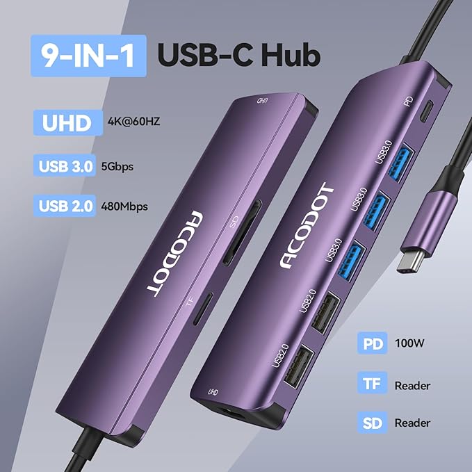 Acodot 9 in 1 USB C Hub - 4K@60Hz HDMI Adapter, 3 USB 3.0 Ports, SD/TF Card Reader, 100W PD, Multiport Adapter for MacBook Pro, Air, HP, XPS, Purple